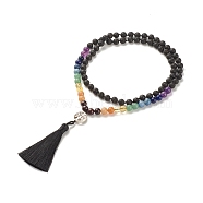 7 Chakra Gemstone Buddhist Necklace, Big Tassel with Alloy Tree of Life Pendant Necklace, Natural Lava Rock & Mixed Stone Jewelry for Women, 31.9 inch(81cm)(NJEW-JN03856)