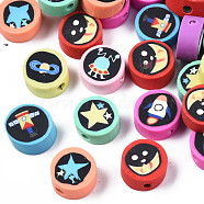 Handmade Polymer Clay Beads, Flat Round with Space Theme Pattern, Mixed Color, 9~10x4~5mm, Hole: 1.6mm(X-CLAY-N006-52)
