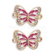 Alloy Enamel Connector Charms, Butterfly Links with Crystal Rhinestone, Light Gold, Cadmium Free & Nickel Free & Lead Free, Old Rose, 21x13x1.7mm, Hole: 1.6mm(ENAM-I054-05D)