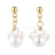 Shell Pearl Dangle Stud Earrings, with 304 Stainless Steel Stud Earring Findings and Brass Ear Nuts, Dog Paw Prints, White, 24mm, Pin: 0.8mm(EJEW-JE04137-02)