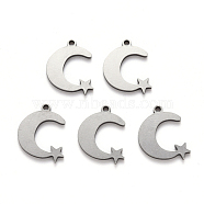 201 Stainless Steel Charms, Laser Cut, Moon with Star, Stainless Steel Color, 14x11x1mm, Hole: 1.2mm(X-STAS-N092-106)