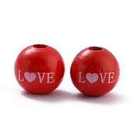 Painted Natural Wood Beads, Round with Word LOVE, FireBrick, 16x15.5mm, Hole: 4mm(WOOD-A019-01)