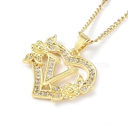 304 Stainless Steel Heart Pendant Necklaces with Cubic Zirconia, Letter Charms, Letter V, 16.54 inch(42cm)(NJEW-H029-01G-V)