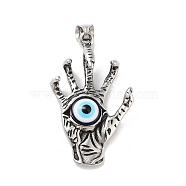 304 Stainless Steel Pendants, with Glass, Hand with Evil Eye Charm, Antique Silver, 47x29x10mm, Hole: 8x5mm(STAS-M336-05AS)