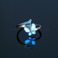 Glow in the Dark Luminous Stainless Steel Butterfly Finger Ring, with Enamel, Stainless Steel Color, Inner Diameter: 18mm(PW-WG57071-01)