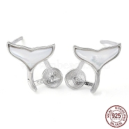Rhodium Plated 925 Sterling Silver Stud Earring Findings, with Shell & S925 Stamp, for Half Drilled Pearl Beads, Fishtail, Real Platinum Plated, 10x10mm, Pin: 0.7mm(STER-G036-02P)