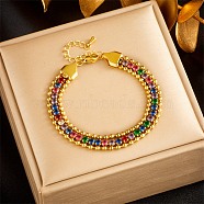 Golden 304 Stainless Steel Triple Layer Multi-strand Bracelets, Rhinestone Cup Chains Bracelet, Colorful, 6-3/8 inch(16.1cm)(BJEW-C045-01A-G)