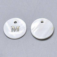Natural White Shell Mother of Pearl Shell Charms, with Iron Sticker, Flat Round with Letter, Letter.M, 13x2mm, Hole: 1.5mm(X-SSHEL-N036-053M)