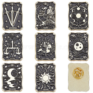 8Pcs 8 Styles Alloy Enamel Pins, Tarot Card Brooches, Black, 30.5x22.5x1.5mm, 1pc/style(JEWB-CA0001-46)