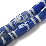 Tibetan Style dZi Beads Strands, Dyed Natural Agate Beads Blue Strands, Drum Shape, Dragon, 29~30x10mm, Hole: 1.4mm, about 10pcs/strand, 11.81 inch(30cm)(TDZI-NH0001-B06-01)