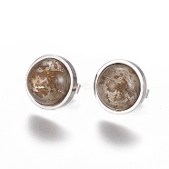 304 Stainless Steel Stud Earrings, with Resin and Ear Nuts/Earring Back, Half Round/Dome, Camel, Stainless Steel Color, 14x7mm, Pin: 0.6mm, 6pairs/card(EJEW-F234-35P)
