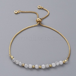 Adjustable Natural Rainbow Moonstone Slider Bracelets, Bolo Bracelets, with Brass Box Chains, Cubic Zirconia, Brass Round Beads and Cardboard Packing Box, 9 inch(23cm)(X-BJEW-JB04929-02)