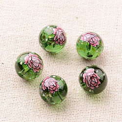 Flower Picture Printed Glass Round Beads, Green, 12mm, Hole: 1mm(GLAA-J090-12mm-A08)