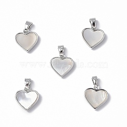 Brass Charms, with Freshwater Shell, Nickel Free, Heart Charm, Platinum, 12x11.5x3mm, Hole: 5x3mm(KK-R134-053P)