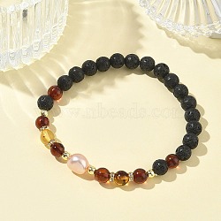 Natural Lava Rock & Amber & Cultured Freshwater Pearl Beaded Stretch Bracelets for Women, Round, with Non-magnetic Synthetic Hematite, Beads: 7mm, Inner Diameter: 2.20 inch(5.6cm)(BJEW-JB13722)
