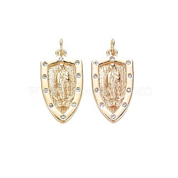 Brass Micro Pave Clear Cubic Zirconia Pendants, Nickel Free, Shield with Holy Virgin, Real 18K Gold Plated, 24x12x2mm, Jump Ring: 5x1mm, Inner Diameter: 3mm.(KK-S356-723)