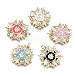 Brass Micro Pave Clear Cubic Zirconia Pendants, with Enamel and Jump Rings, Cadmium Free & Nickel Free & Lead Free, Real 16K Gold Plated, Flower, Mixed Color, 22.5x23x3mm, Jump Ring: 4.8x0.6mm, 3.6mm inner diameter(ZIRC-S067-015F-NR)