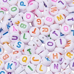 Initial Acrylic Beads, Mixed Letters, Flat Round, White, 7x4mm, Hole: 1.3mm, about 1000pcs/bag(SACR-PH0003-03)