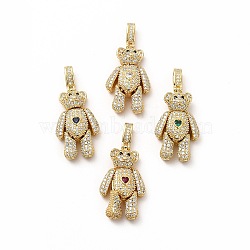 Rack Plating Brass Micro Pave Cubic Zirconia Pendants, Cadmium Free & Lead Free, Real 18K Gold Plated, Long-Lasting Plated, Mechanical Charm, Bear with Heart Charm, Mixed Color, 32x17.5x8.5mm, Hole: 3x6.5mm(KK-G456-24G)