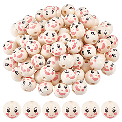 Elite 80Pcs Printed Wood European Beads, Large Hole Beads, Round with Smiling Face Pattern, Cerise, 19x17.5mm, Hole: 4~5mm(WOOD-PH0002-82)