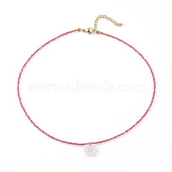 Glass Seed Beads Pendant Necklaces, with 304 Stainless Steel Lobster Claw Clasps, Flower, Golden, Crimson, 14.80 inch(37.6cm)(NJEW-JN03338-03)