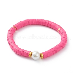 Handmade Polymer Clay Heishi Beads Stretch Bracelets, with Brass Spacer Beads and Round Glass Pearl Beads, Camellia, Inner Diameter: 2-1/8 inch(5.5cm)(BJEW-JB05759-03)