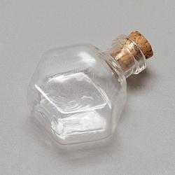 Glass Bottle Bead Containers, with Cork Stopper, Wishing Bottle, Hexagon, Clear, 32x27x15mm, Hole: 6.5mm, Capacity: 5ml(0.17 fl. oz)(AJEW-R045-16)