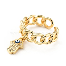Cubic Zirconia Hamsa Hand with Evil Eye Open Cuff Ring with Enamel, Brass Hollow Ring for Women, Cadmium Free & Lead Free, Real 18K Gold Plated, US Size 7 1/2(17.7mm)(KK-D080-05G)