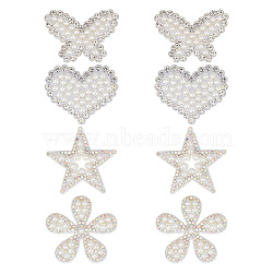 8Pcs 4 Styles Star/Flower/Heart/Butterfly Non-woven Fabric Appliques, Plastic Imitation Pearl & Rhinestone Ornament Accessories, White, 32~40x41~44x5mm, 2pcs/style(DIY-GO0001-71)