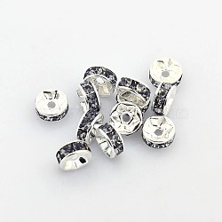 Brass Rhinestone Spacer Beads, Grade A, Gray, Rondelle, Nickel Free, Silver Color Plated, about 7mm in diameter, 3.2mm thick, hole: 1.2mm(X-RSB037NF-03)