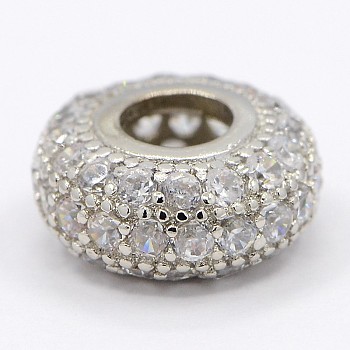 CZ Jewelry Brass Micro Pave Cubic Zirconia Spacer Beads, Rondelle, Clear, Platinum, 10.5x5mm, Hole: 3.8mm