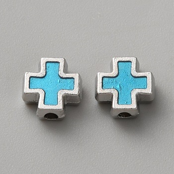 Alloy Enamel Beads, Cross, Platinum, Deep Sky Blue, 8x7.5x3.5mm, Hole: 1.7mm