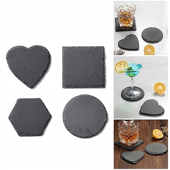 Natural Black Stone Cup Mat, Rough Edge Coaster, with Sponge Pad, Mixed Shapes, 92~106x99~106x7~10mm
