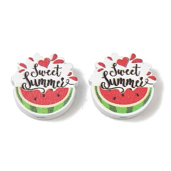 Printed Schima Wood Beads, Watermelon with Word Sweet Summer, Spray Paint, Red, 19x20x6mm, Hole: 2mm