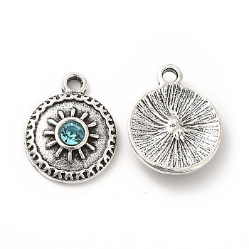 Rack Plating Alloy Rhinestone Pendants, with Jump Rings, Flat Round with Sun Charms,Antique Silver, Aquamarine, 17.5x13.5x4mm, Hole: 1.8mm