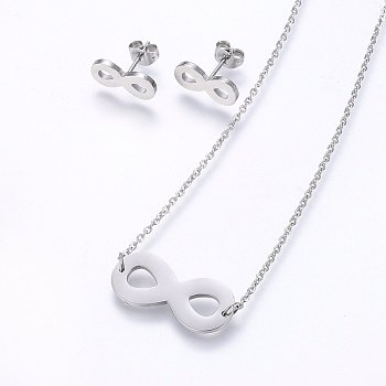 304 Stainless Steel Jewelry Sets, Stud Earrings and Pendant Necklaces, Infinity, Stainless Steel Color, Necklace: 18.9 inch(48cm), Stud Earrings: 13x7x1.2mm, Pin: 0.8mm
