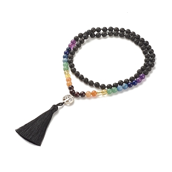 7 Chakra Gemstone Buddhist Necklace, Big Tassel with Alloy Tree of Life Pendant Necklace, Natural Lava Rock & Mixed Stone Jewelry for Women, 31.9 inch(81cm)