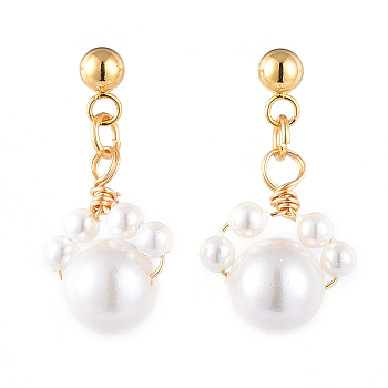 Shell Pearl Dangle Stud Earrings, with 304 Stainless Steel Stud Earring Findings and Brass Ear Nuts, Dog Paw Prints, White, 24mm, Pin: 0.8mm