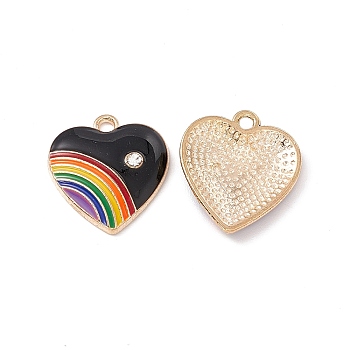Alloy Enamel Pendant, with Rhinestone, Heart with Rainbow Charm, Golden, Black, 20x18x3.5mm, Hole: 2mm