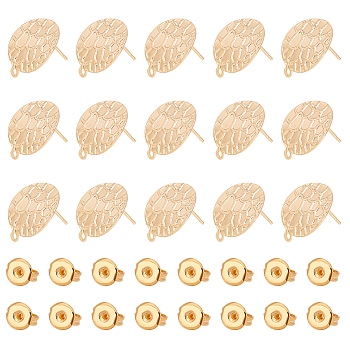 16Pcs Brass Stud Earrings Findings, with Horizontal Loops & 16Pcs Friction Ear Nuts, Texture Flat Round, Real 18K Gold Plated, 17x15mm, Hole: 1.4mm, Pin: 0.7mm
