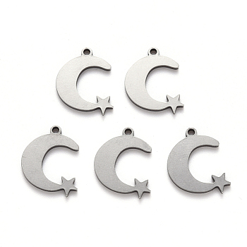 201 Stainless Steel Charms, Laser Cut, Moon with Star, Stainless Steel Color, 14x11x1mm, Hole: 1.2mm