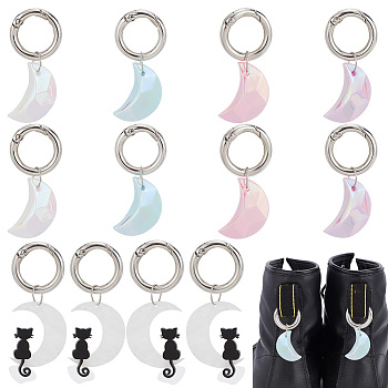 6Pcs 6 Style Moon Acrylic Pendant Shoe Charms, with Alloy Spring Gate Rings, Mixed Color, 52~62mm, 1pc/style