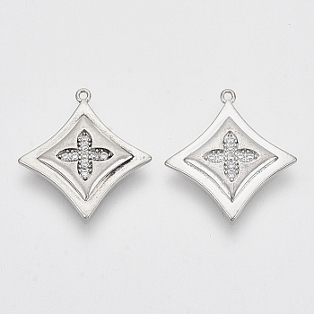 Brass Micro Pave Clear Cubic Zirconia Pendants, Nickel Free, Rhombus, Real Platinum Plated, 18.5x16.5x2mm, Hole: 0.9mm
