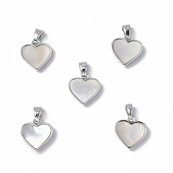 Brass Charms, with Freshwater Shell, Nickel Free, Heart Charm, Platinum, 12x11.5x3mm, Hole: 5x3mm