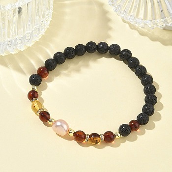 Natural Lava Rock & Amber & Cultured Freshwater Pearl Beaded Stretch Bracelets for Women, Round, with Non-magnetic Synthetic Hematite, Beads: 7mm, Inner Diameter: 2.20 inch(5.6cm)