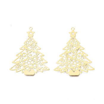 201 Stainless Steel Big Pendants, Etched Metal Embellishments, Christmas Tree, Real 18K Gold Plated, 53x39x0.3mm, Hole: 2mm