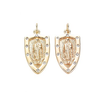 Brass Micro Pave Clear Cubic Zirconia Pendants, Nickel Free, Shield with Holy Virgin, Real 18K Gold Plated, 24x12x2mm, Jump Ring: 5x1mm, Inner Diameter: 3mm.