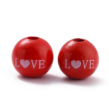 Painted Natural Wood Beads, Round with Word LOVE, FireBrick, 16x15.5mm, Hole: 4mm