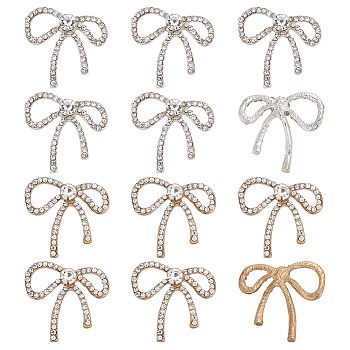 12Pcs 2 Colors Alloy Rhinestone Cabochons, Bowknot, Platinum & Light Gold, 23.5x24x4mm, 6pcs/color