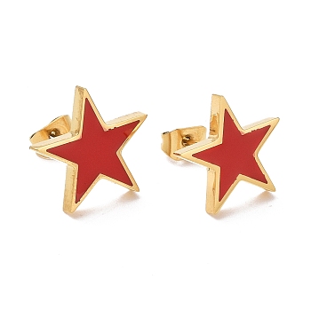Enamel Pentagon Stud Earrings, Golden 304 Stainless Steel Jewelry for Women, Red, 12x13x2mm, Pin: 0.6mm